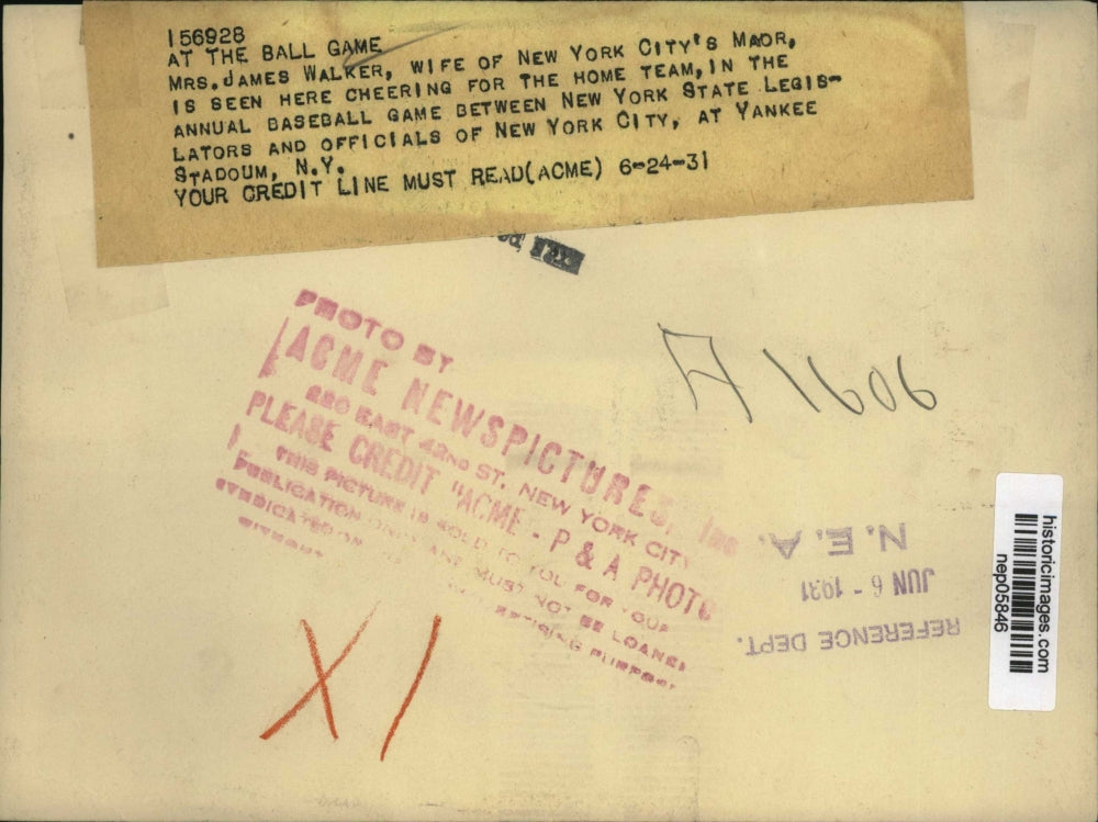 1931 Press Photo Mrs James Walker Cheers at New York Legislature Baseball Game