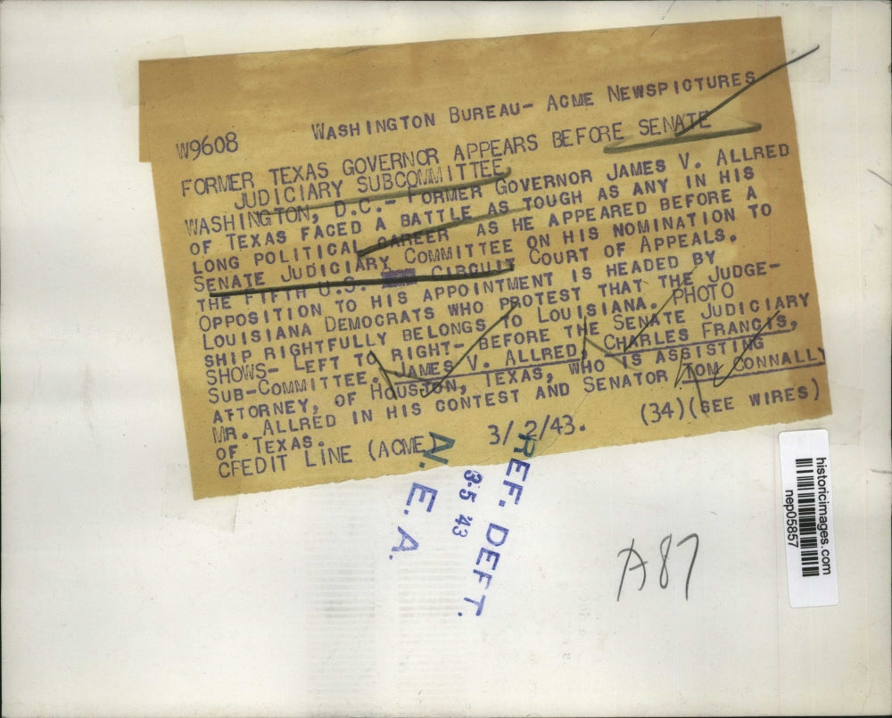 1943 Press Photo Governor James Allred Testifies Senate Judiciary Subcommittee