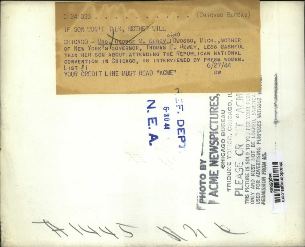 1944 Press Photo Mrs George M Dewey mother of NY Governor Thomas at GOP