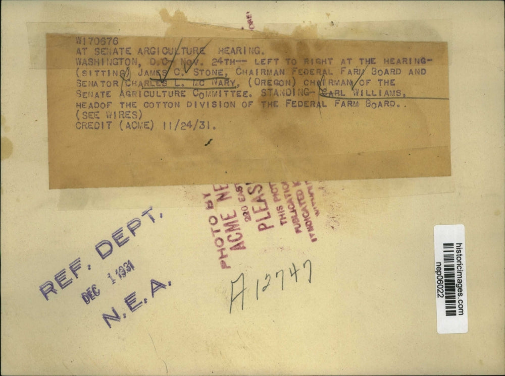 1931 Press Photo James Stone, Charles McNary, Carl Williams Agriculture Hearing