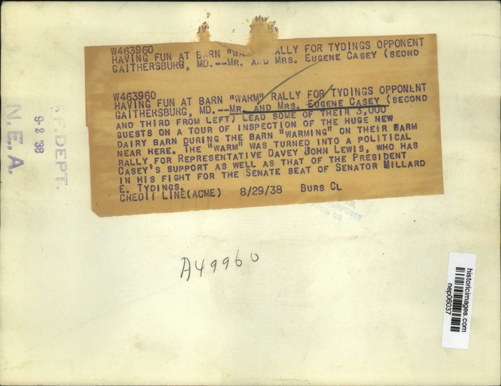 1938 Press Photo Eugene Casey & Guests at Davey John Lewis Barn Warm Rally