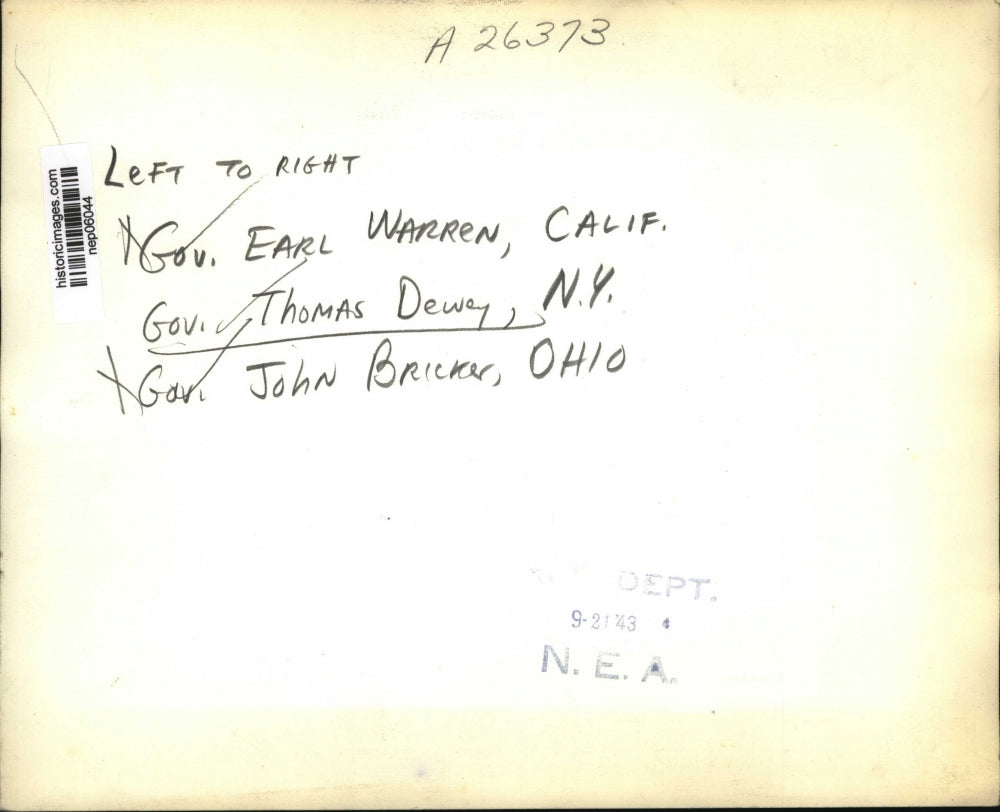 1943 Press Photo Governors Earl Warren, Thomas Dewy, John Bricker - nep06044