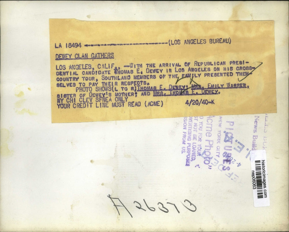 1940 Press Photo Mr & Mrs Thomas Dewey, Emily Warren Arrive in Los Angeles