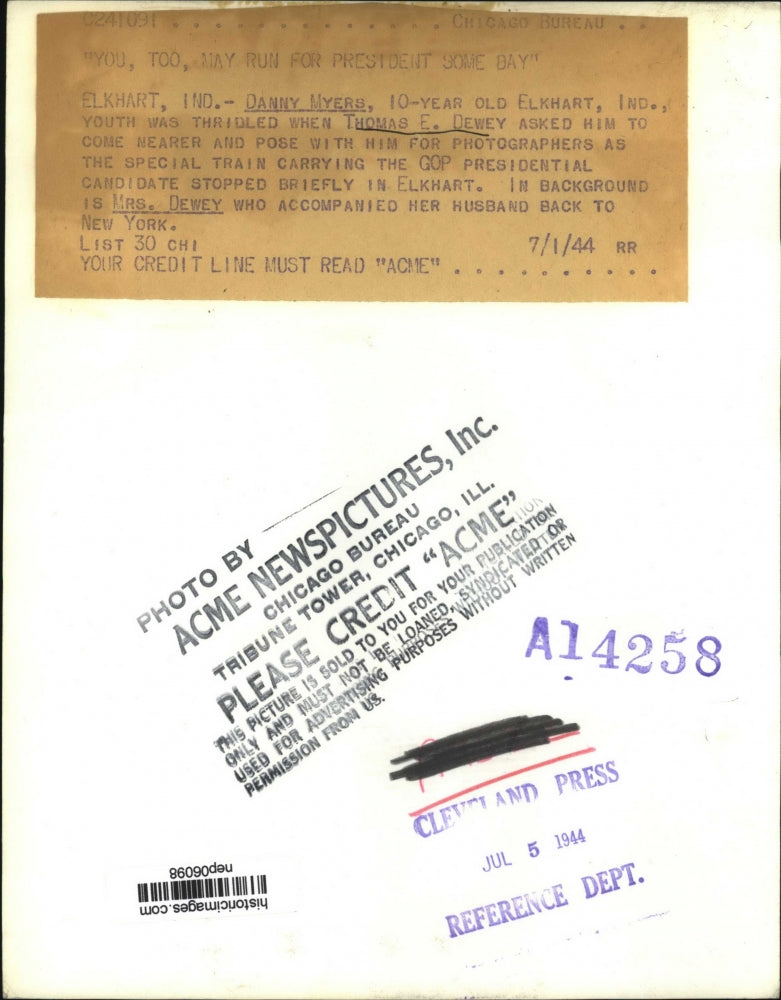 1944 Press Photo Presidential candidate Thomas Dewey,Dan Myers in Indiana