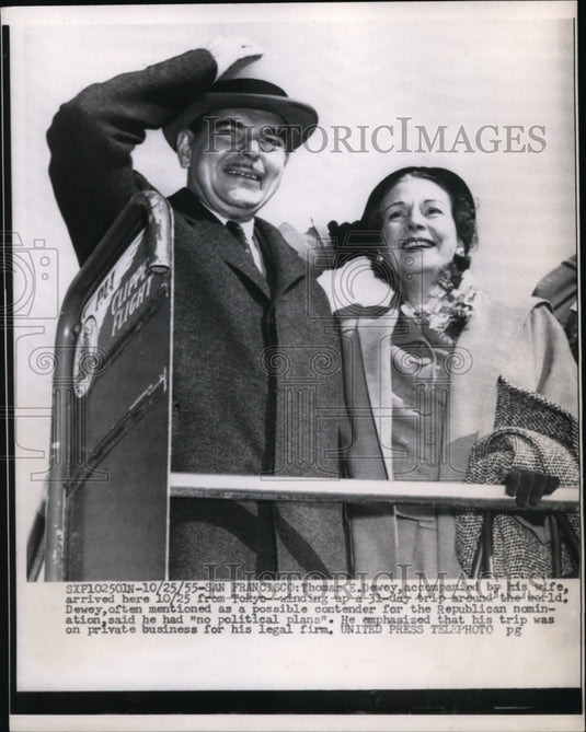 1955 Press Photo Mr & Mrs Thomas Dewey Arrive in San Francisco from Tokyo