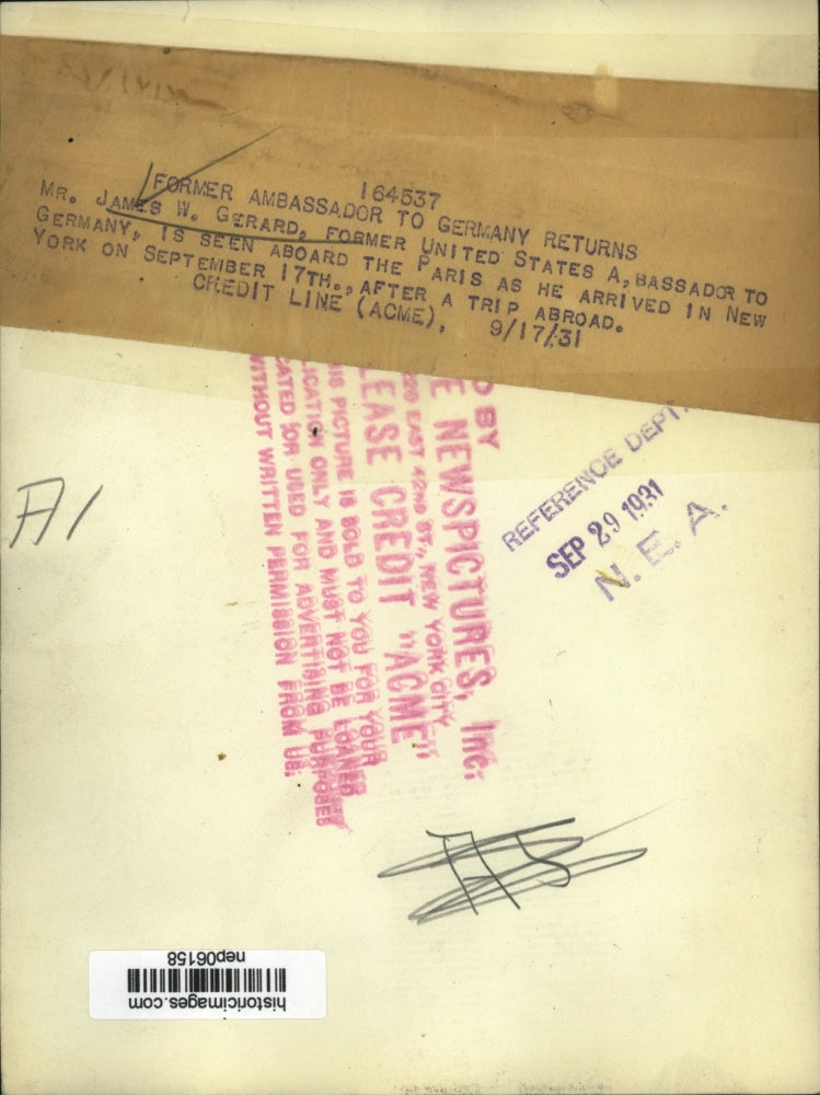 1931 Press Photo US Germany Ambassador James W. Gerard Aboard SS Paris New York