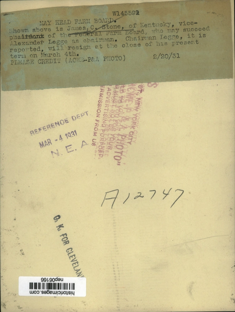 1931 Press Photo James C. Stone of Federal Farm Board - nep06166