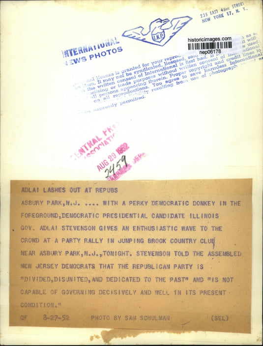 1952 Press Photo Gov Adlai Stevenson Criticizes Republican Party at Convention