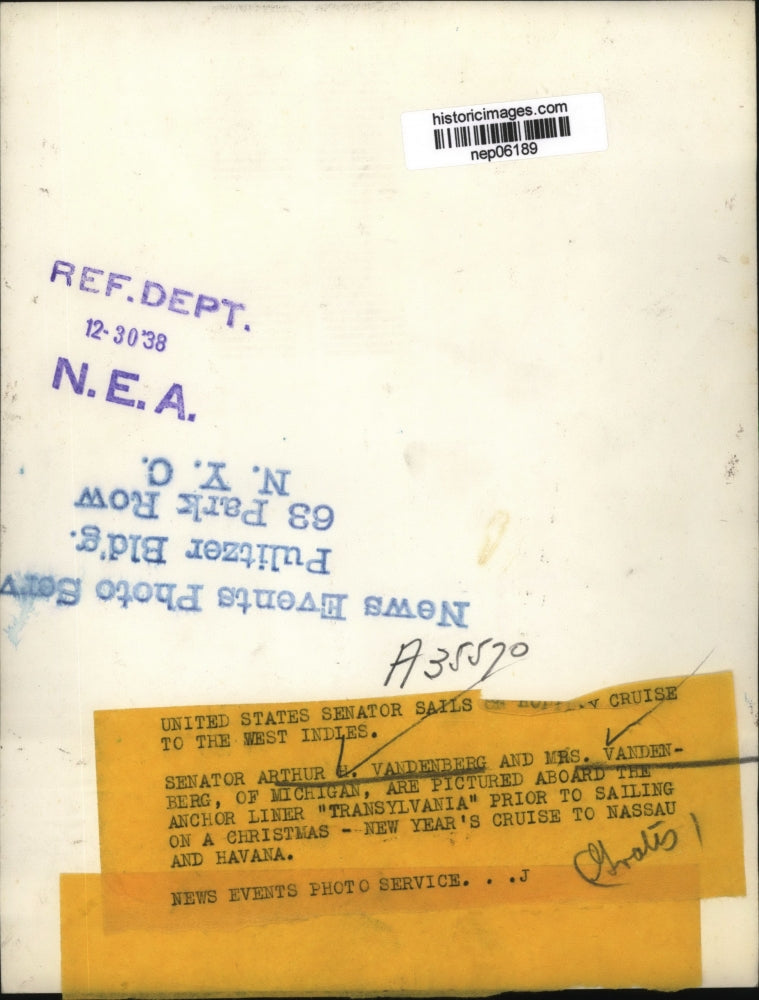 1938 Press Photo Senator Arthur Vandenberg & Wife Hazel Aboard SS Transylvania