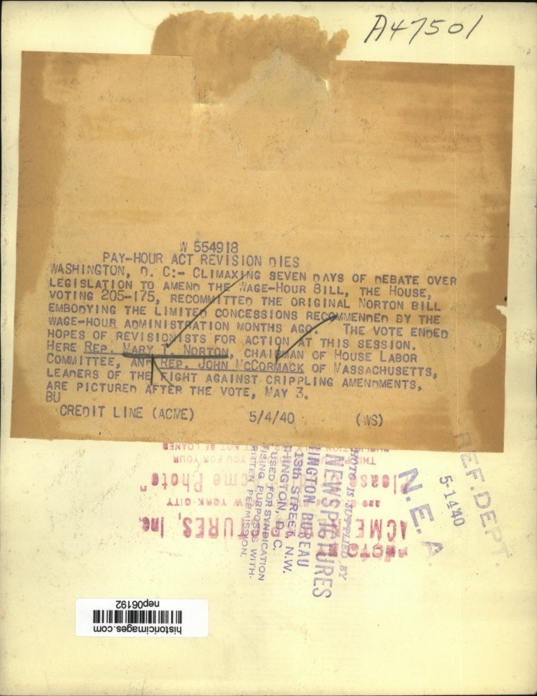 1940 Press Photo Mary T. Norton & John McCormack after Wage-Hour Bill Vote