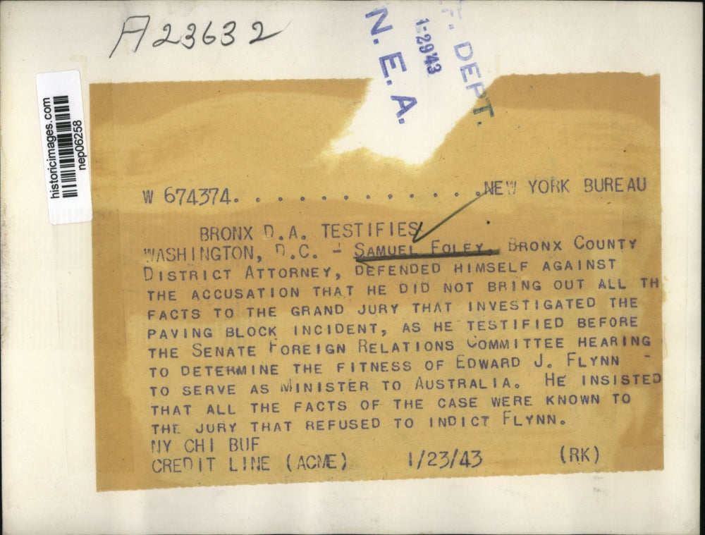 1943 Press Photo Samuel Foley at Senate Foreign Relations Committee Hearing