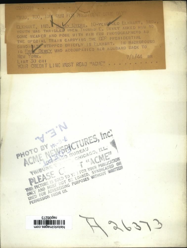 1944 Press Photo Thomas E. Dewey with Supporter Danny Myers in Elkhart, Indiana