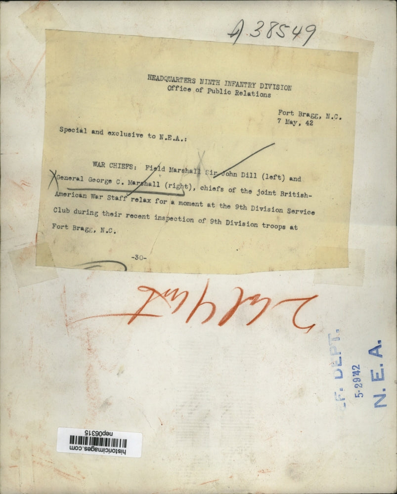 1942 Press Photo Sir John Dill, Gen George Marshall at 9th Division Service Club