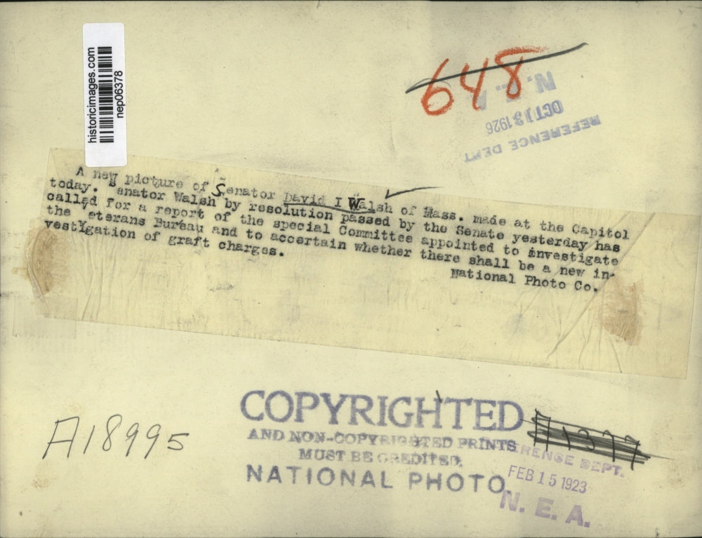 1926 Press Photo Massachusetts Senator David Walsh at the Capitol - nep06378