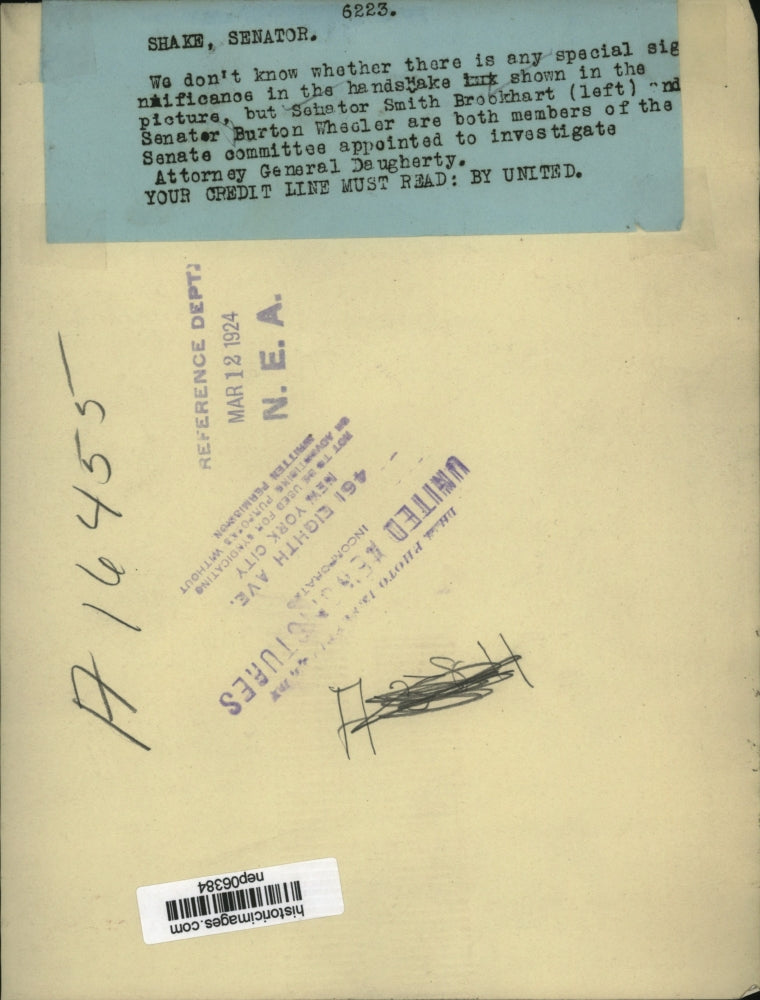 1924 Press Photo Senator Smith Brockhart & Senator Burton Wheeler - nep06384