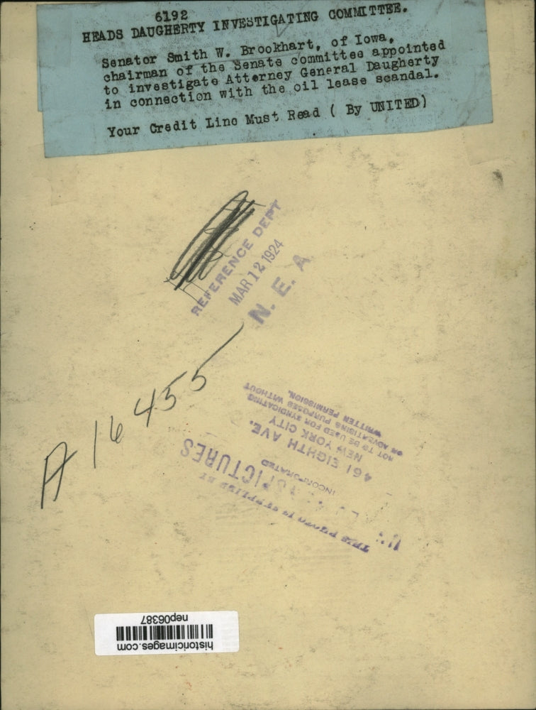 1924 Press Photo Iowa Senator Smith Brookhart chair of Senate committee