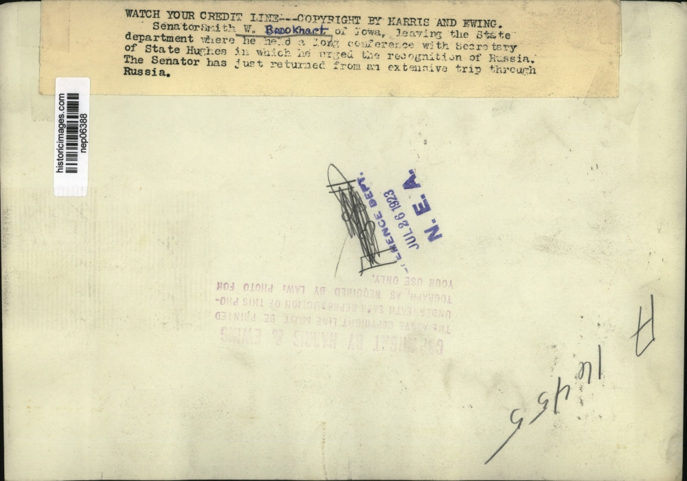 1923 Press Photo Iowa Senator Smith Brookhart at State department - nep06388