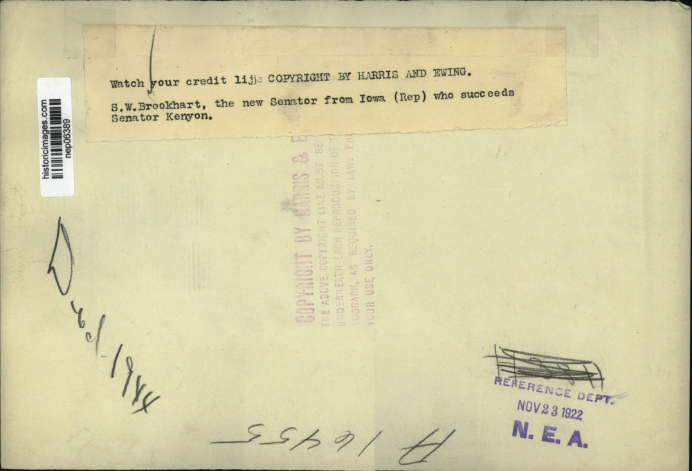 1922 Press Photo New Iowa Senator Smith Brookhart - nep06389