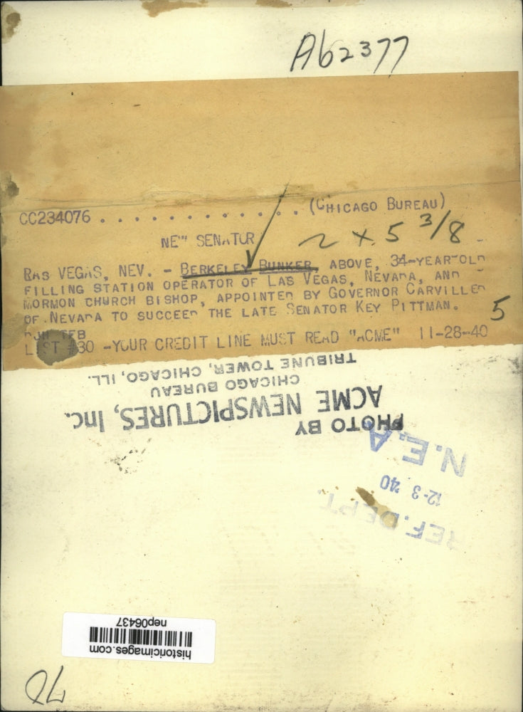 1940 Press Photo Berkeley Bunker, Nevada Senator - nep06437