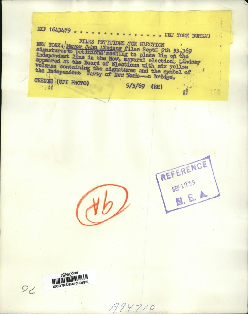 1969 Press Photo Mayor John Lindsay of New York Files Petitions for Election