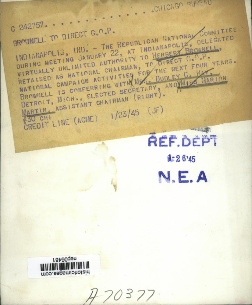 1945 Press Photo Herbert Brownell Kept GOP National Chairman in Indianapolis