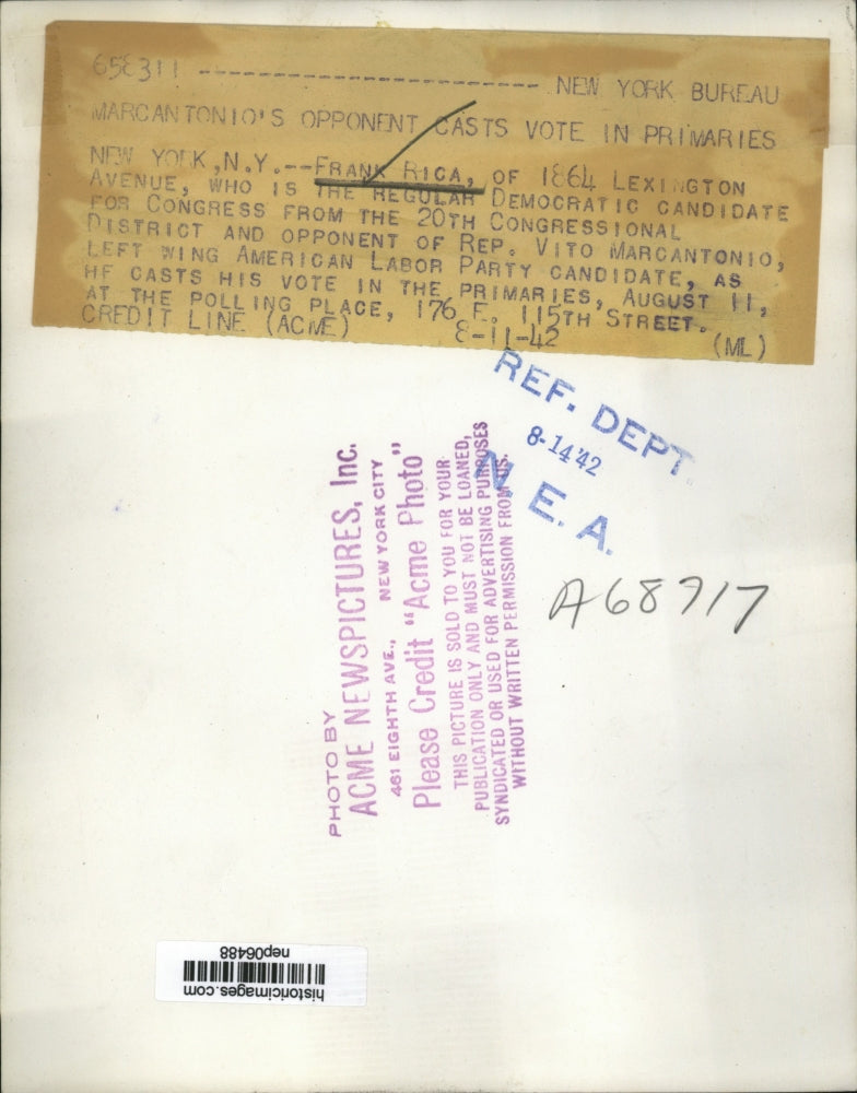 1942 Press Photo Frank Rica Voting in Congressional Primary Election, New York