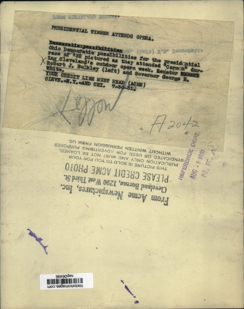 1931 Press Photo Senator Robert J. Buckley & George M. White at Opera, Cleveland