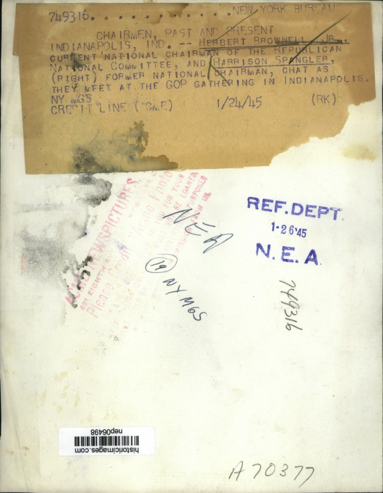 1945 Press Photo Herbert Brownell Jr. & Harrison Spangler in Indianapolis