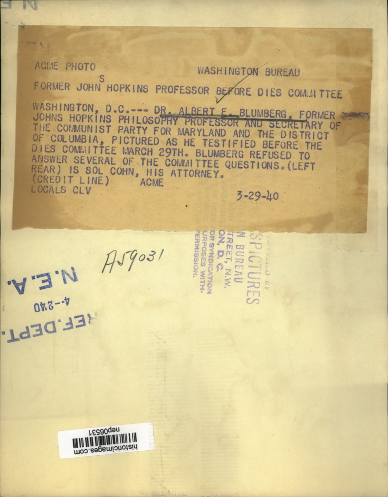 1940 Press Photo Dr. Albert Blumberg & Sol Cohn at Dies committee Hearing