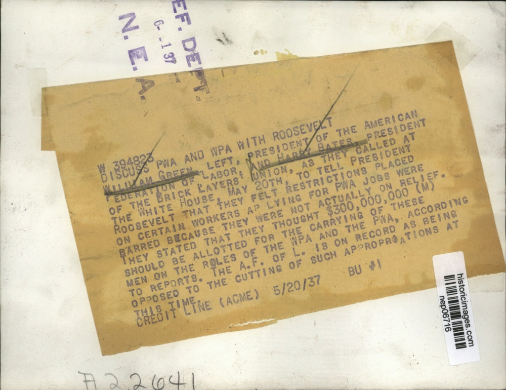 1937 Press Photo AFL president William Green & Harry Bates call at White House