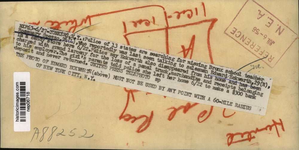 1956 Press Photo Rosemary Spezzo missing last seen with Edward Eckworth in NY