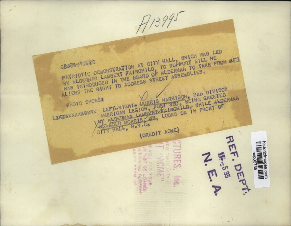 1935 Press Photo American Legion Morris Harrison, Alderman Lambert Fairchild NYC