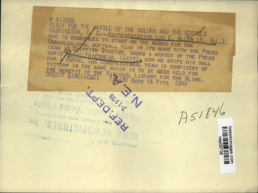 1939 Press Photo Rep Leo E Allen of Illinois & Eric Friedman for Press baseball