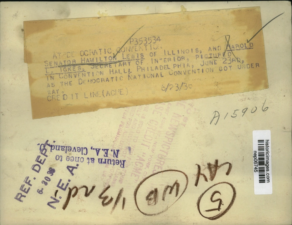 1938 Press Photo Ill Senator Hamilton Lewis, Harold Ickes Interior Secretary