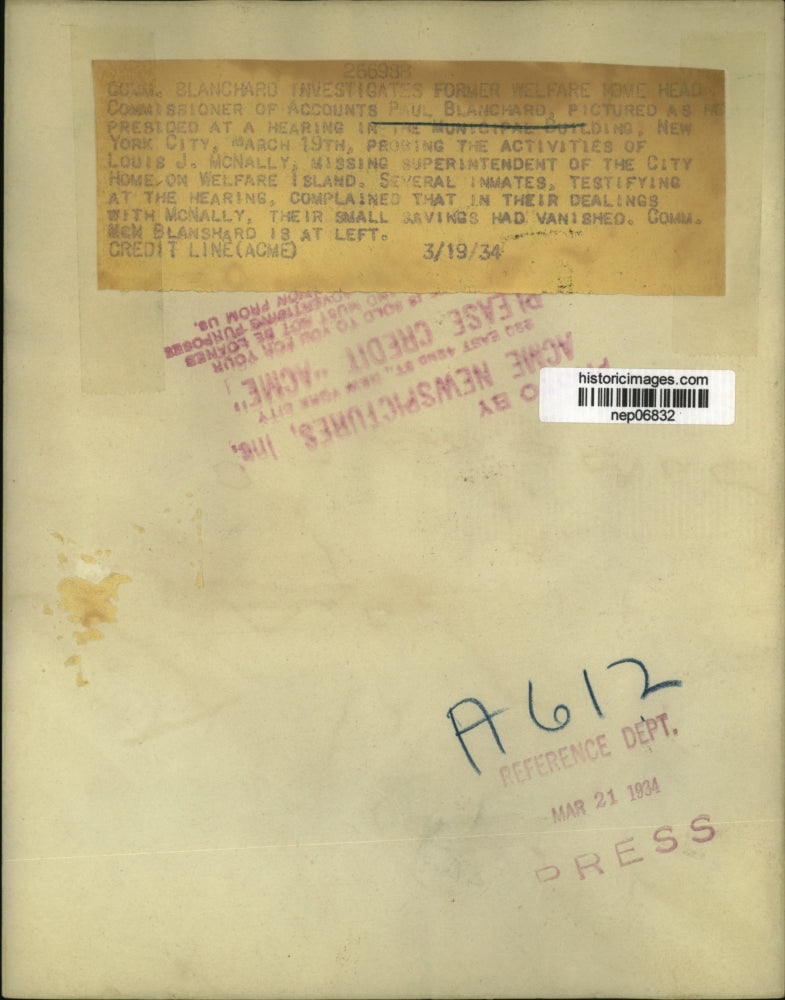 1934 Press Photo Commissioner of Accounts Paul Blanchard at hearing in NYC