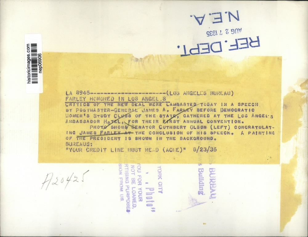 1935 Press Photo Cuthbert Olson & James Farley at Democratic Women's Study Club