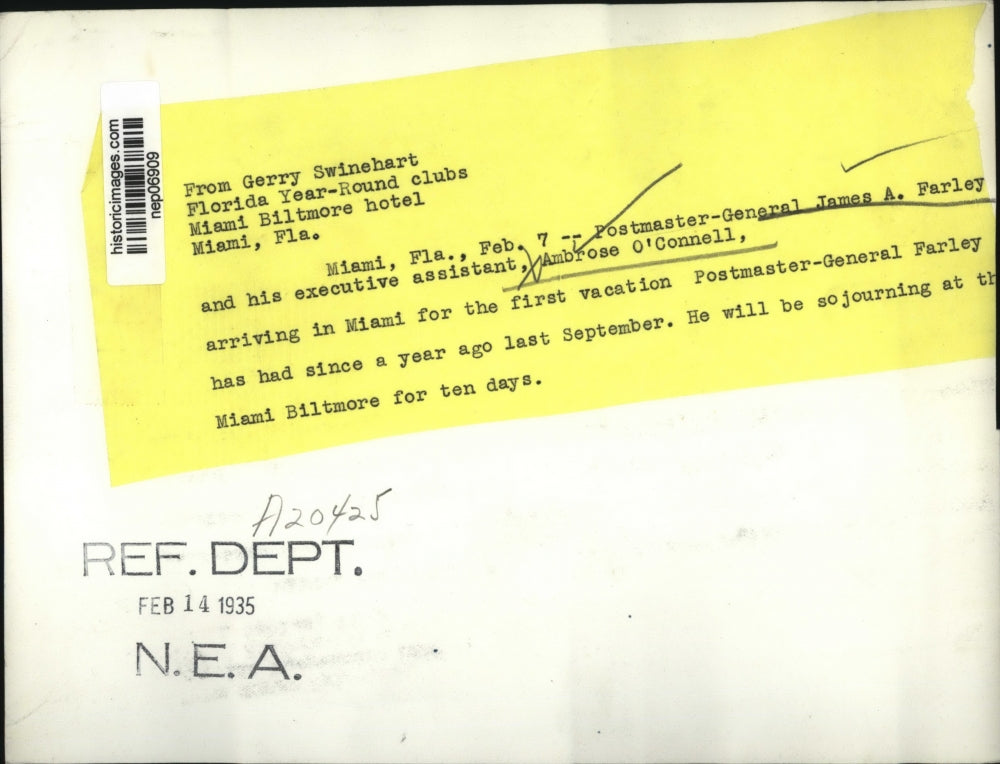 1935 Press Photo Postmaster General James Farley & asst A O'Connell - nep06909