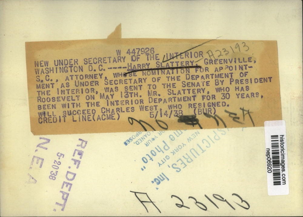 1938 Press Photo Harry Slattery as Under Secretary of Interior - nep06920