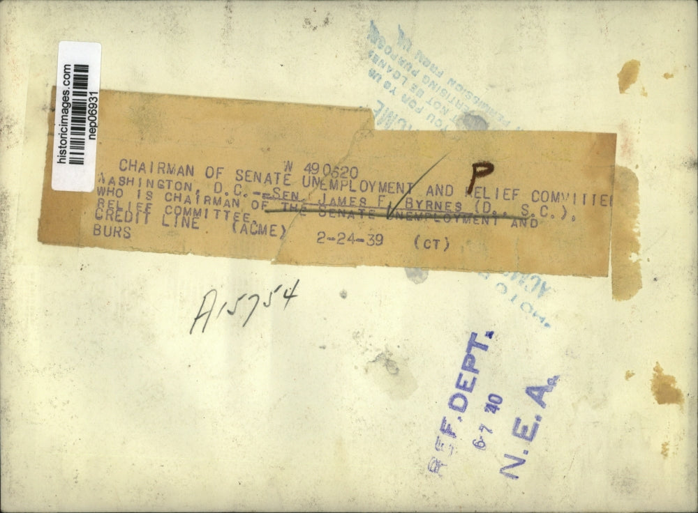 1939 Press Photo Senator James Byrnes Chairman of Senate Unemployment Committee