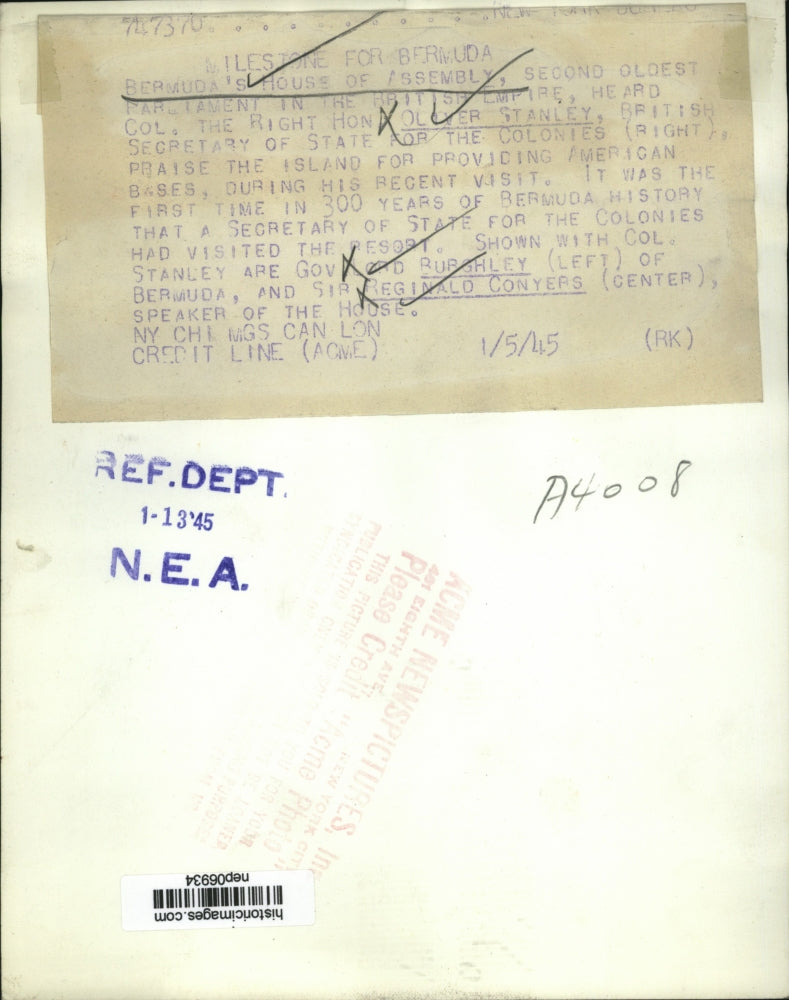 1945 Press Photo Oliver Stanley in Bermuda House of Assembly - nep06934