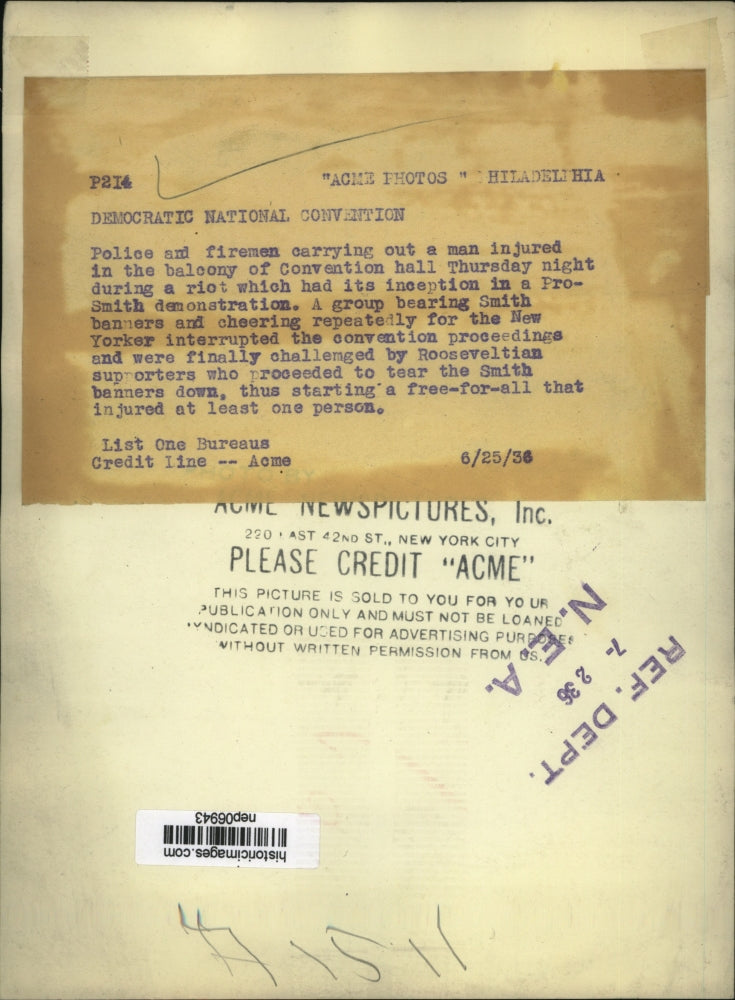 1936 Press Photo Police & Firemen Carrying Injured Man Outside Convention Riot