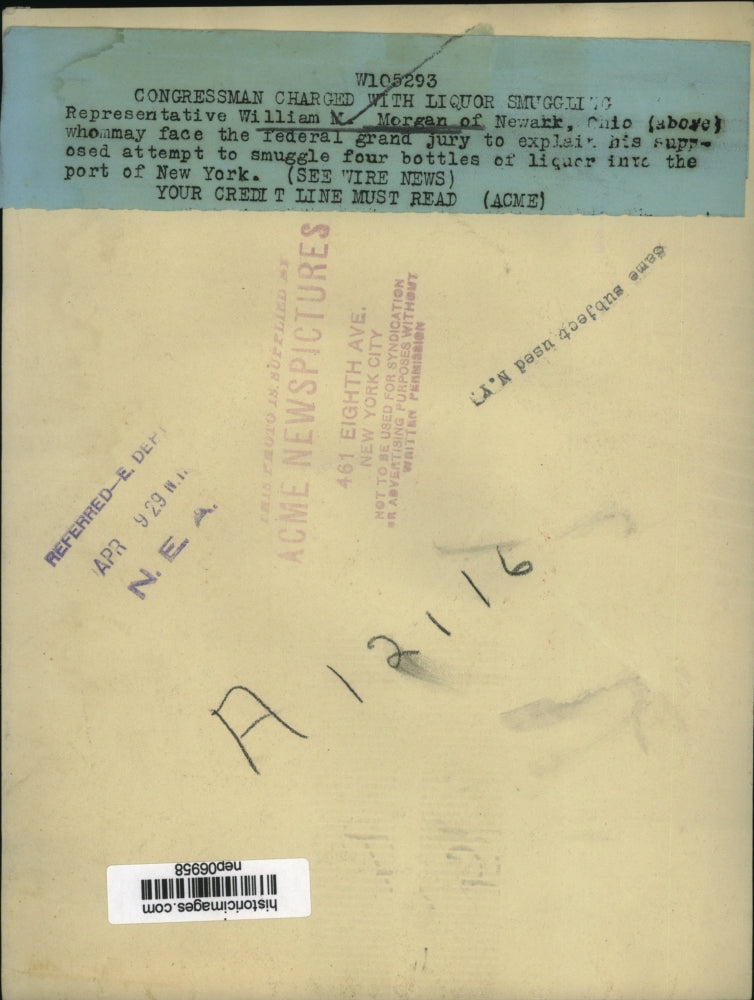 1929 Press Photo Rep. William M. Moran Attempts to Smuggle Liquor into NY Port