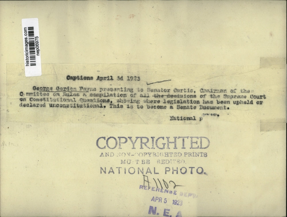 1923 Press Photo George G Payne & Senator Curtis chair of Rules committee