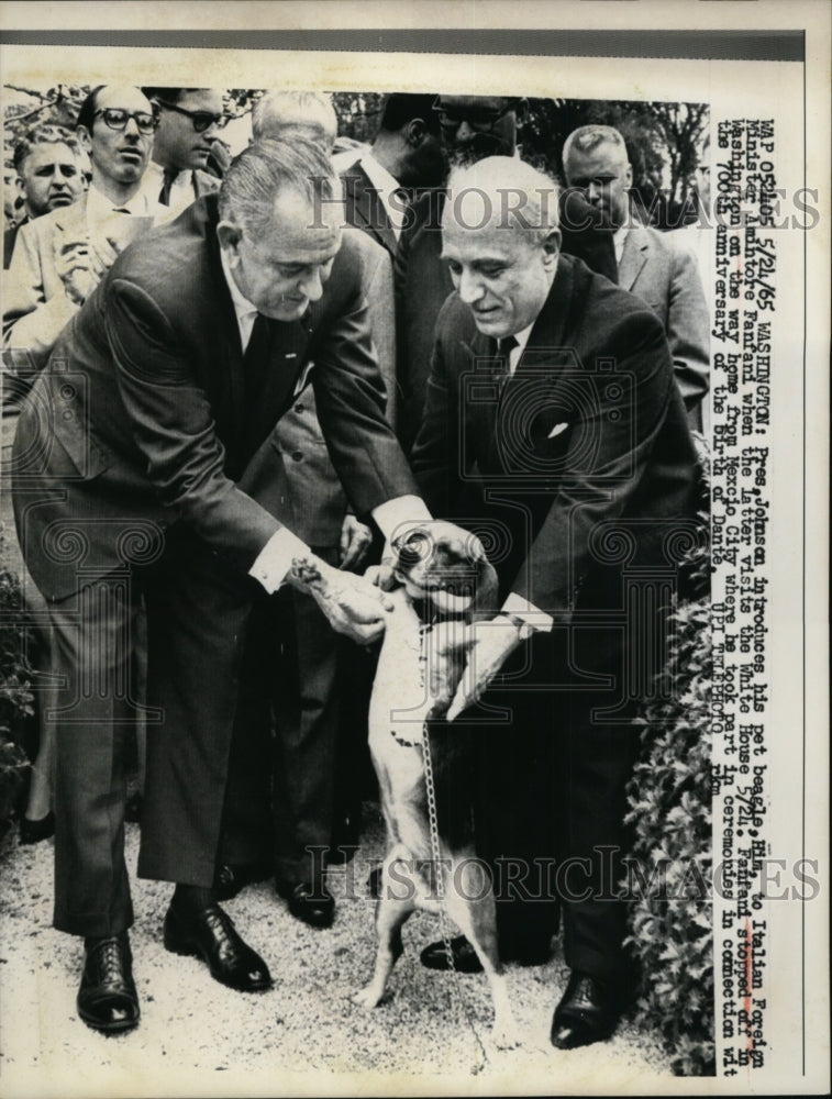 1965 Press Photo President Johnson pet beagle Him & Italian A Fanfani