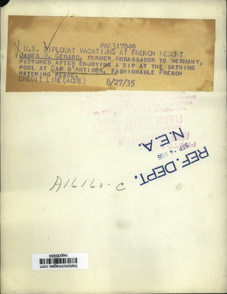 1935 Press Photo Ambassador James W. Gerard Swimming at Cap D'Antibes, France