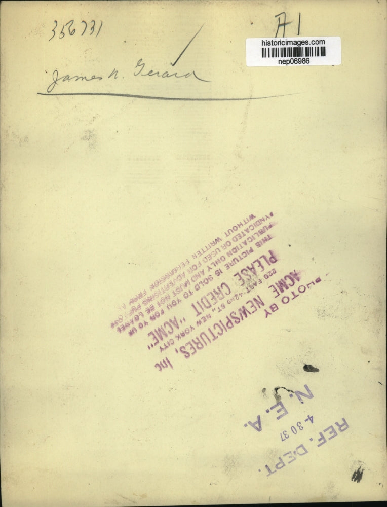 1937 Press Photo Ambassador James W. Gerard - nep06986