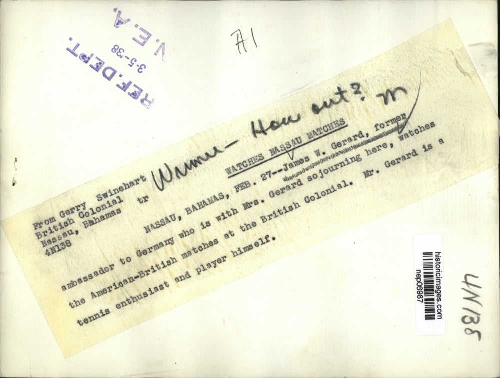 1938 Press Photo James W. Gerard at British colonial Tennis Match, Bahamas