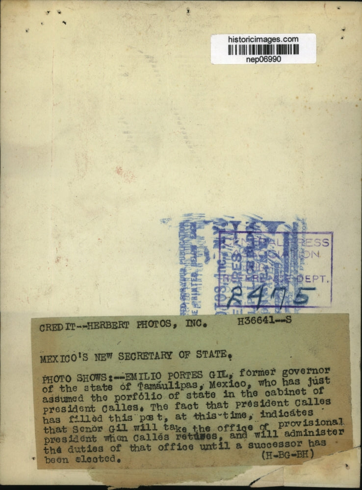 Press Photo Emilio Portes Cil, Mexican Secretary of State - nep06990