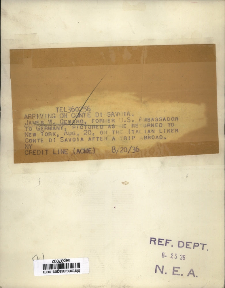 1936 Press Photo James W Gerard Former US Ambassador to Germany Arrives in NY