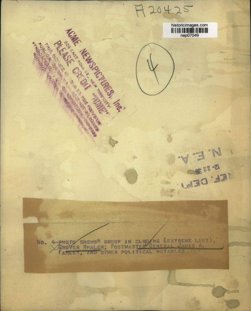1936 Press Photo Grover Whalen, PM Gen. James A. Farley, & Others - nep07049